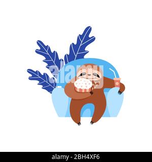 Faultier Film ansehen. Niedliches Cartoon-Tier mit Popcorn und Limonade vor dem fernseher. Abbildung flacher Vektorgrafiken. Stock Vektor