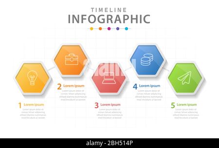 Infografik Vorlage für Unternehmen. 5 Schritte modernes Timeline-Diagramm mit Hexagonen, Präsentationsvektor-Infografik. Stock Vektor