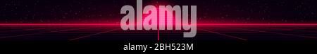 RetroWave Stil Illustration von rot glühenden Sonnenuntergang auf Laserraster mit VHS-Effekt auf Sternenraum Hintergrund. Design für Banner. Stock Vektor