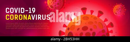 Panorama-Banner zum Thema Coronovirus, Covid 19 weltweit. Rotes Zeichen des Coronavirus. Vorlage mit Platz für Ihren Text Stock Vektor