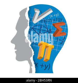 Student der Mathematik, Bildungskonzept. Zerrissenes Papier stilisierte männlichen Kopf mit Mathematik Symbole und Notizen. Vektor verfügbar. Stock Vektor