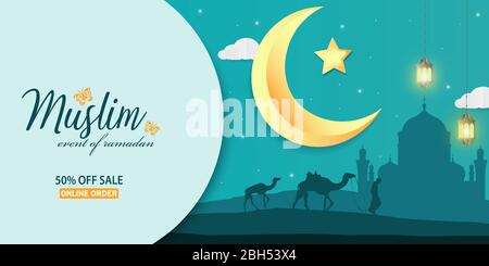 Ramadan Sale, Web Header oder Banner Design, arabische Laternen Sale Banner Template Design, Stock Vektor