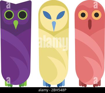 Drei minimalistische Cartoon Eulen. Stock Vektor