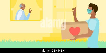 Junger Mann, der einem älteren Mann bei der Heimlieferung hilft, während er während der COVID-19-Coronavirus-Pandemie eine Maske trägt Stock Vektor