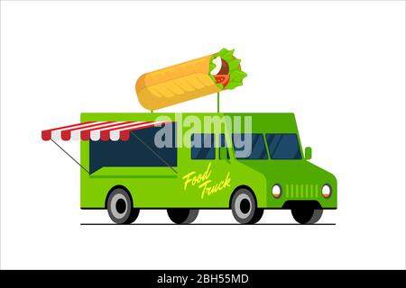 Fast Food grünen LKW. Döner auf dem Van Dach. Shawarma Auto Lieferservice oder Festival auf Straße Räder Vektor flach isoliert eps Illustration Stock Vektor