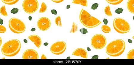 Frisches Orange Muster mit grünem Blatt. Frische orangefarbene Scheiben auf weißem Hintergrund. Nahaufnahme Orange. Realistische Vektordarstellung Stock Vektor