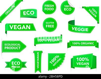 Vegane Abzeichen. Öko Bio vegetarische Tags, vegane Gesundheit Diät-Etiketten, vegetarische Produkte grüne Abzeichen, gesunde Ernährung Embleme mit Bändern Vektor isolat Stock Vektor