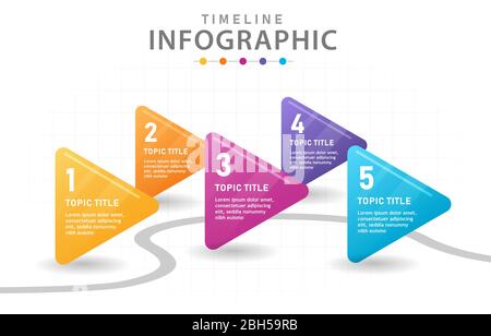 Infografik Vorlage für Unternehmen. 5 Schritte Moderne Zeitleiste Diagramm mit Pfeilen, Präsentation Vektor Infografik. Stock Vektor