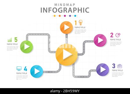 Infografik Vorlage für Unternehmen. 5 Schritte modernes Mindmap Diagramm mit Pfeilen, Präsentationsvektor Infografik. Stock Vektor