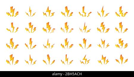 Satz orangefarbener gelber Blitzableiter. Zusammensetzung von drei schnellen glänzenden Stoßblitzen. Symbole elektrische Schlag mit Pfeil. Symbol Sturm, Donner oder Gewitter. Isoliert auf weißen Vektor-Illustration Stock Vektor