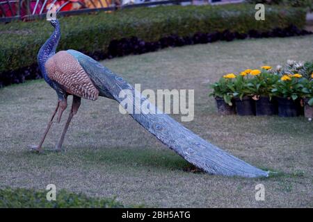 Schöner Blumengarten mit runden Hecken & symmetrischen Typ Design und Pfau, Ziergarten mit Winterblumen, alle mit europäischen flai entworfen Stockfoto