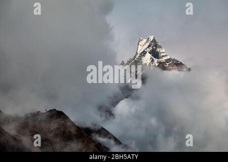 Matschaputschare Fisch Geschichte Peak durch Wolken im Himalaya, Nepal umgeben. Stockfoto