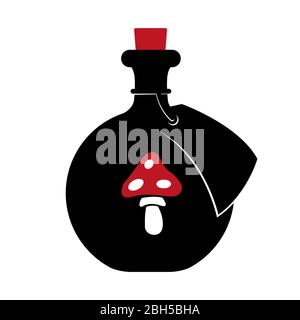 Symbol einer schwarzen Flasche mit roter amanita auf weißem Hintergrund. Isoliertes Objekt. Magisches Elixier der Liebe oder des Gifts. Stock Vektor