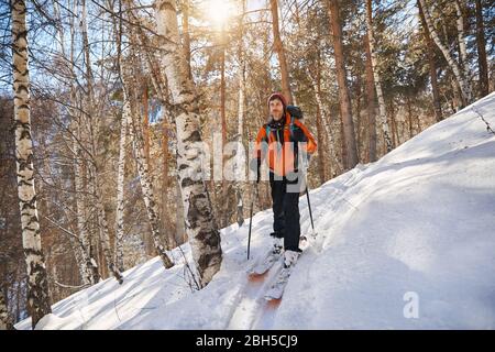 Mann in orange Jacke Skifahren auf frischen Pulverschnee im Winter Forest Stockfoto