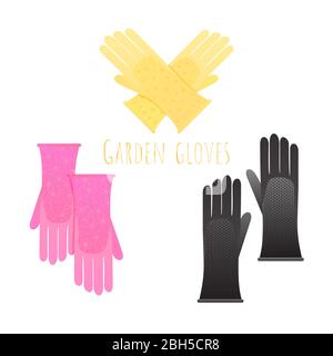 Paar verschiedene Farben Stoff Garten Handschuhe. Set von rosa, gelb und schwarz Farbe Gartenhandschuhe mit Muster Stock Vektor