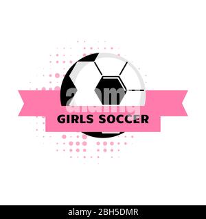 Damen und Mädchen Fußball-Logo Design mit Ball. Einfaches Vektor-Fußballlabel oder -Emblem in rosa Farben. Mädchen Fußballmannschaft. Stock Vektor