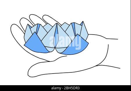 Origami-Logo Lotusblume in den Händen. Logo der schematischen Blume. Fragile Symbol des Minimalismus Grafik. Linie Stil Vektor Illustration Stock Vektor