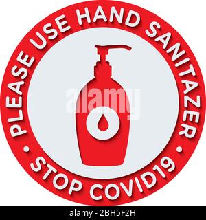 Bitte verwenden Sie die Schilder oder Sticker von Desinfektionsmittel, um das Risiko zu verringern, Coronavirus Covid-19 zu fangen. Vektorzeichen. Stock Vektor