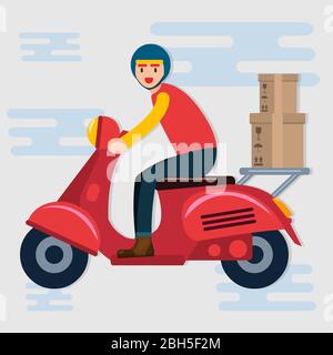 Mann fährt ein Motorrad mit Karton für Lieferservice Konzept Vektor Illustration Stock Vektor