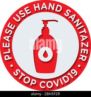 Bitte verwenden Sie die Schilder oder Sticker von Desinfektionsmittel, um das Risiko zu verringern, Coronavirus Covid-19 zu fangen. Vektorzeichen. Stock Vektor