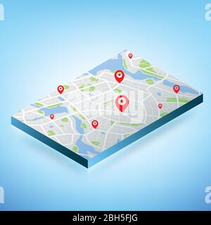 3D Isometrische Karte mit Zielort Punkt, Aerial Clean Draufsicht des Tages Zeit Stadtplan mit Straße und Fluss, Blank urban Imagination map, G Stock Vektor