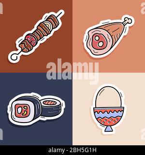 Sushi, Kebab, Ei, Fleisch Aufkleber Set. Handgezeichnetes Doodle Icon Kollektion Vektorgrafik für Hintergründe, Textildrucke, Menü, Web und Grafik. Stock Vektor