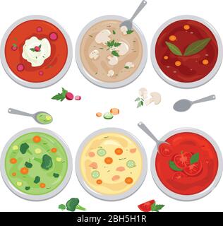 Vektor-Set von Schalen Suppe mit Gemüse, Pilze, Huhn, russische Borschtsuppe, Tomaten und Linsensuppe auf weißem Hintergrund. Draufsicht. Stock Vektor