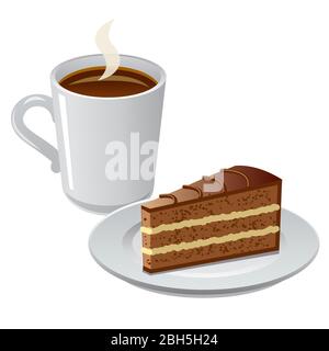 Abbildung des Kaffeetassen mit Stück der Tarte auf dem Teller Stock Vektor