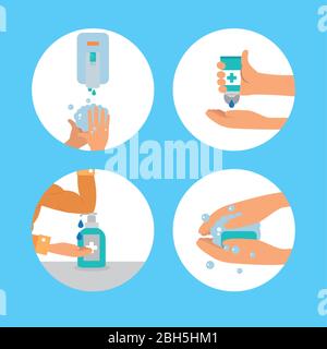 Reinigungs-Preventions-Symbol auf blauem Hintergrund, buntes Design, Vektor-Illustration gesetzt Stock Vektor