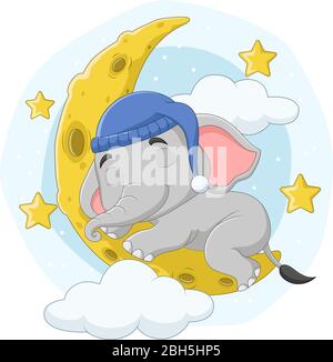 Cartoon Elefant schlafen auf dem Mond Stock Vektor