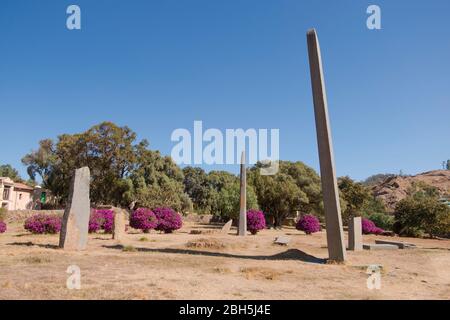 Hoch, Stein, Granit, alte Stele, Obelisken in einem Feld in Axum. In Äthiopien, Afrika. Stockfoto