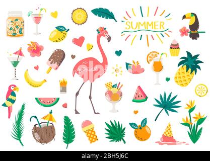 Süße Sommer-Ikonen: Essen, Getränke, Palmblätter, Obst und Flamingo. Helles Sommerzeitplakat. Sammlung von Scrapbooking-Elementen für Strandteil Stock Vektor