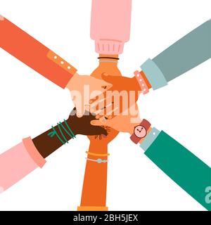 Hände zusammen - Satz von verschiedenen Rassen hob die Hände. Das Konzept der Bildung, Business-Training, Freiwilligenarbeit Wohltätigkeit, Partei. Stock Vektor