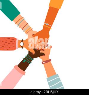 Hände zusammen - Satz von verschiedenen Rassen hob die Hände. Das Konzept der Bildung, Business-Training, Freiwilligenarbeit Wohltätigkeit, Partei. Stock Vektor