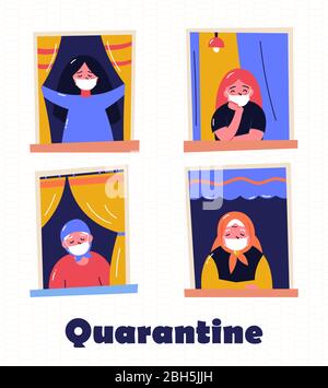 Bleiben Sie zu Hause Motivationsbanner. Menschen in Fenstern zu Hause bleiben wegen Quarantäne, arbeiten, studieren, Gitarre spielen, Lesen. Backsteinhäuser vorne. Stock Vektor