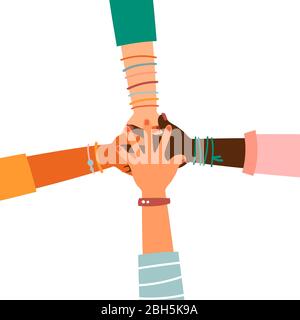 Hände zusammen - Satz von verschiedenen Rassen hob die Hände. Das Konzept der Bildung, Business-Training, Freiwilligenarbeit Wohltätigkeit, Partei. Stock Vektor