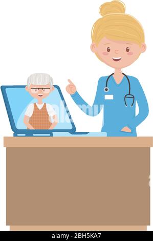 Frau Arzt mit Laptop auf reception und alten Mann Design der medizinischen Versorgung Gesundheit Notfall Hilfe Prüfung Klinik und Service Thema Vektor-Illustration Stock Vektor