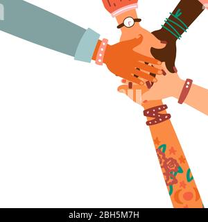 Hände zusammen - Satz von verschiedenen Rassen hob die Hände. Das Konzept der Bildung, Business-Training, Freiwilligenarbeit Wohltätigkeit, Partei. Stock Vektor