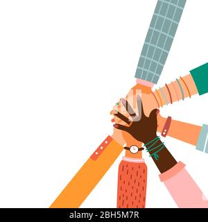 Hände zusammen - Satz von verschiedenen Rassen hob die Hände. Das Konzept der Bildung, Business-Training, Freiwilligenarbeit Wohltätigkeit, Partei. Stock Vektor