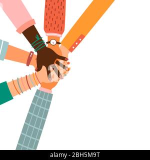 Hände zusammen - Satz von verschiedenen Rassen hob die Hände. Das Konzept der Bildung, Business-Training, Freiwilligenarbeit Wohltätigkeit, Partei. Stock Vektor