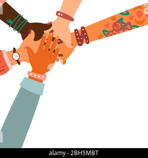 Hände zusammen - Satz von verschiedenen Rassen hob die Hände. Das Konzept der Bildung, Business-Training, Freiwilligenarbeit Wohltätigkeit, Partei. Stock Vektor