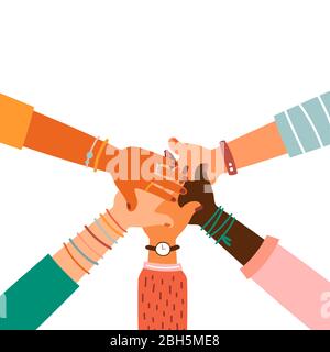 Hände zusammen - Satz von verschiedenen Rassen hob die Hände. Das Konzept der Bildung, Business-Training, Freiwilligenarbeit Wohltätigkeit, Partei. Stock Vektor