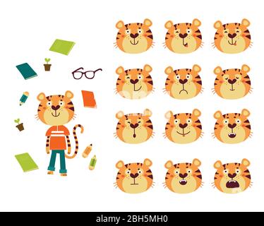 Set von niedlichen Cartoon Tiger mit verschiedenen Emotionen. Stock Vektor