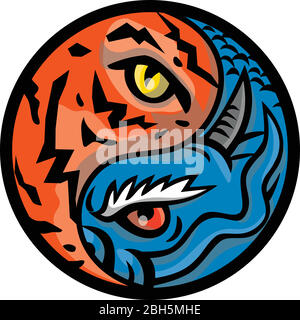 Maskottchen Symbol Illustration von Drachen und Tiger Auge innerhalb Yin Yang Symbol Form von vorne gesehen gesetzt innerhalb Kreis auf isolierten Hintergrund im Retro-Stil Stock Vektor