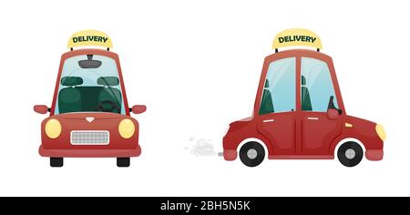 Vektorgrafik mit einem roten Lieferwagen. Seiten- und Vorderansicht. Lieferung von Lebensmitteln nach Hause. Stock Vektor