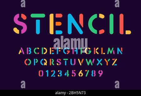 Farbe Schablone Buchstaben und Zahlen auf dunklem Hintergrund, Schule Alphabet Konzept, Vektor-Typografie gesetzt Stock Vektor