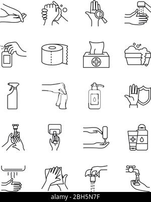 Taschentücher Box und Handhygiene-Symbol auf weißem Hintergrund, Linienstil, Vektor-Illustration gesetzt Stock Vektor