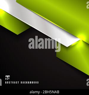 Abstrakte grüne und silberne metallische geometrische Überlappungsschicht auf schwarzem Hintergrund. Technologie-Stil. Vektorgrafik Stock Vektor
