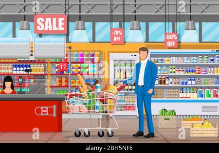 Supermarkt Shop Innenraum mit Waren. Großes Einkaufszentrum. Lebensmittelgeschäft. Innerhalb des Supermarktes. Kunde mit Korb voller Lebensmittel. Lebensmittel, Getränke, Obst, Milchprodukte. Abbildung flacher Vektorgrafiken Stock Vektor