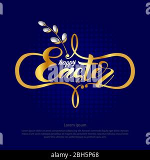 Grußkarte oder Banner Text Frohe Ostern mit Weidenzweig auf blauem Hintergrund. Platzieren Sie den Text unter dem Text Stock Vektor